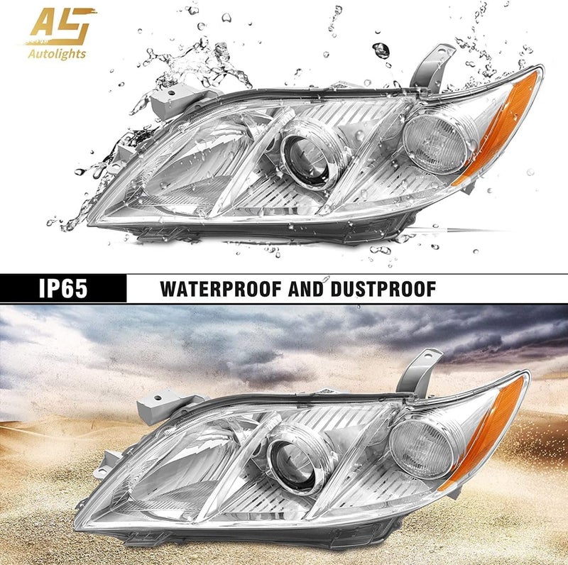 AS 2007 2008 2009 Toyota Camry Headlight Assembly Headlamps for 07 08 09 Camry Exclude Hybrid Projector Left and Right Pair - Chrome Housing Clear Lens - Image 5